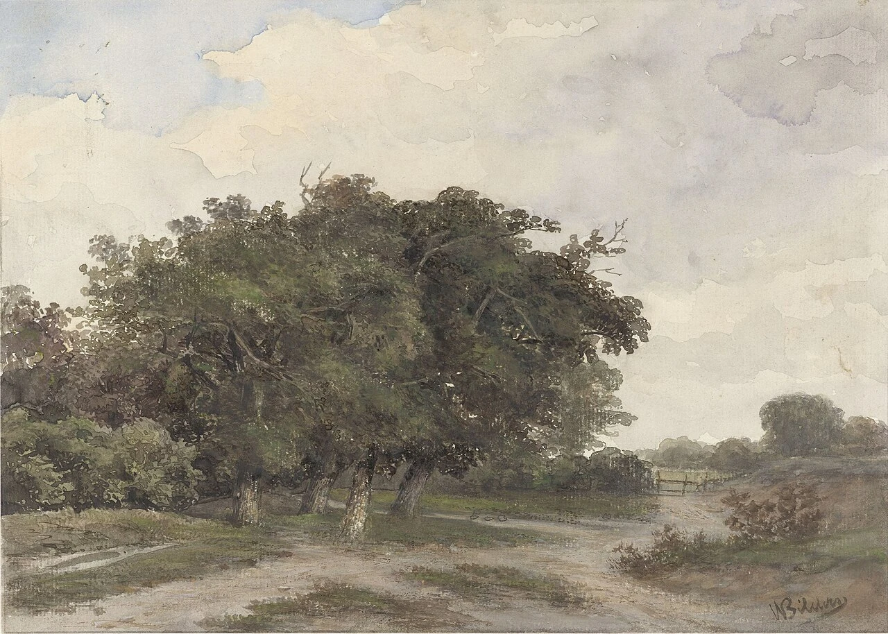 Landscape with trees, watercolour on paper by Johannes Warnardus Bilders. Public domain.