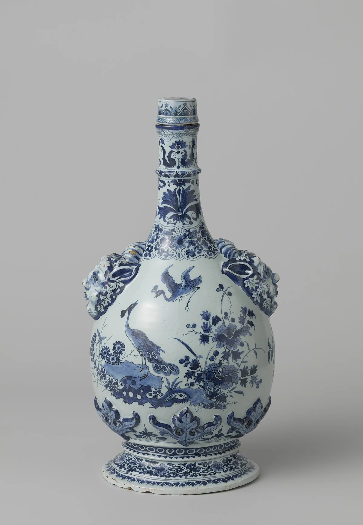 Delftware bottle painted with birds in a landscape. Rijksmuseum.