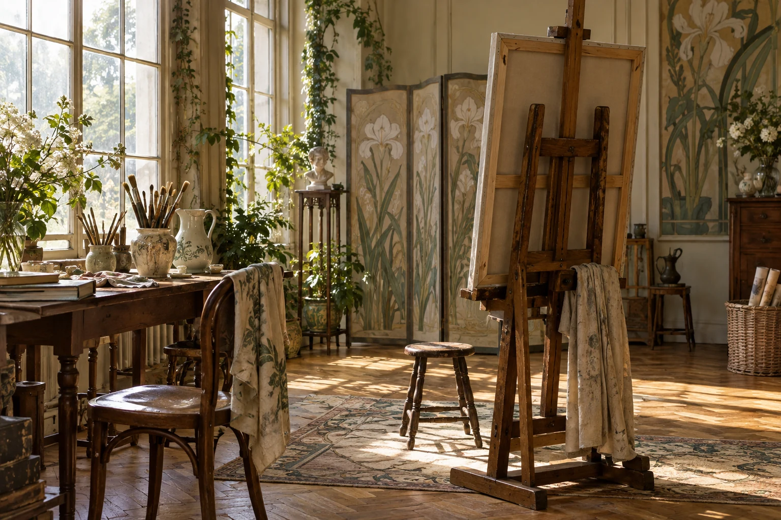 AI image for illustration. Generic AI image of an art nouveau-inspired studio, not an actual location.