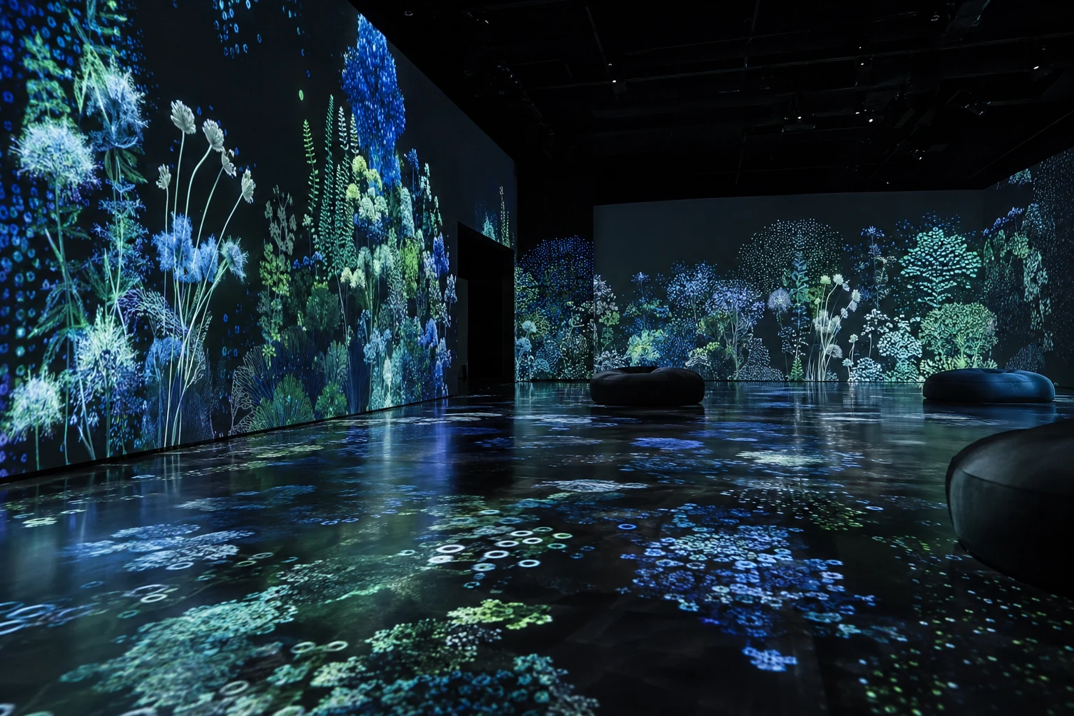 Image IA d’illustration. Installation générique et photoréaliste d’art numérique inspiré de la nature ; ni œuvre existante ni salle précise de l’exposition.