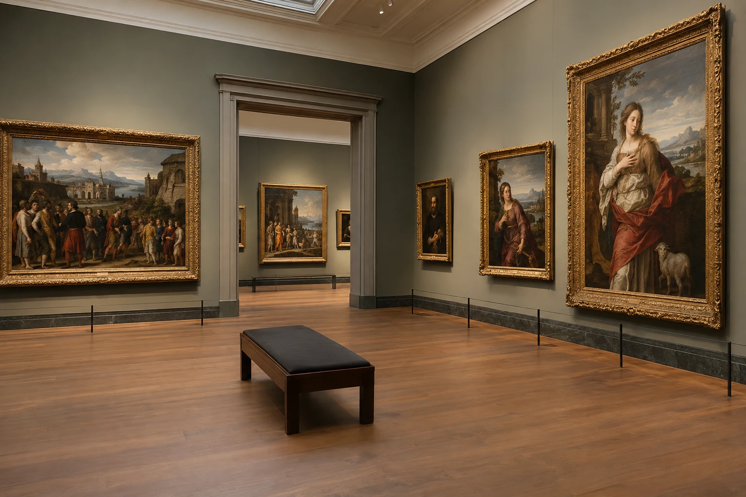 AI image for illustration: fictional gallery with European paintings; no existing artworks.