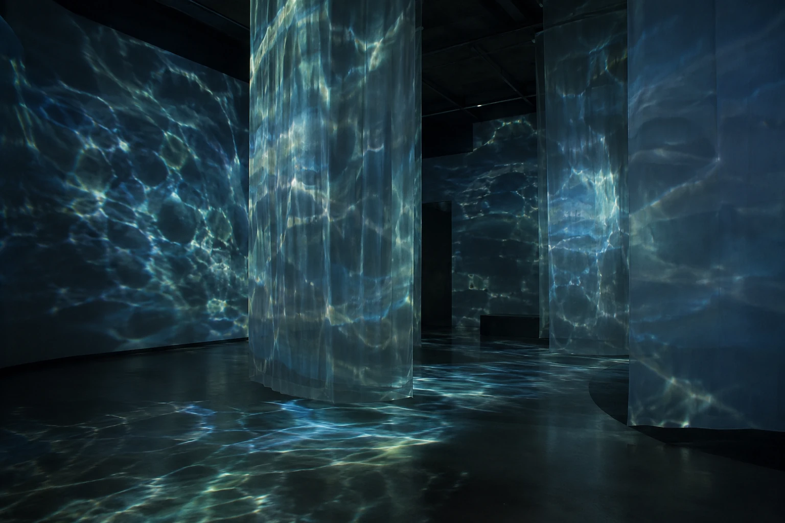 AI image for illustration: fictional abstract water installation in a museum gallery.