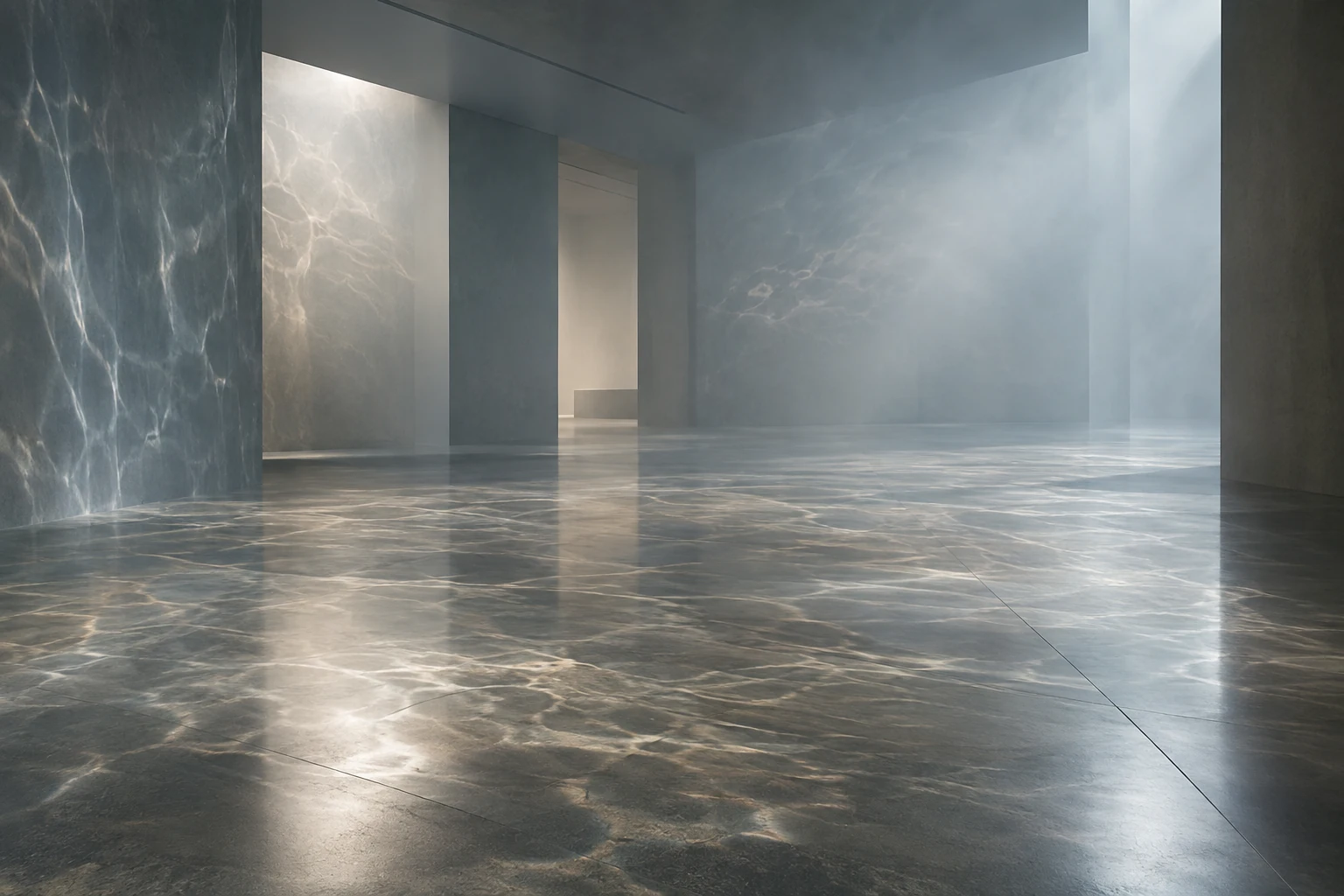 AI image for illustration: fictional gallery with light and water reflections.
