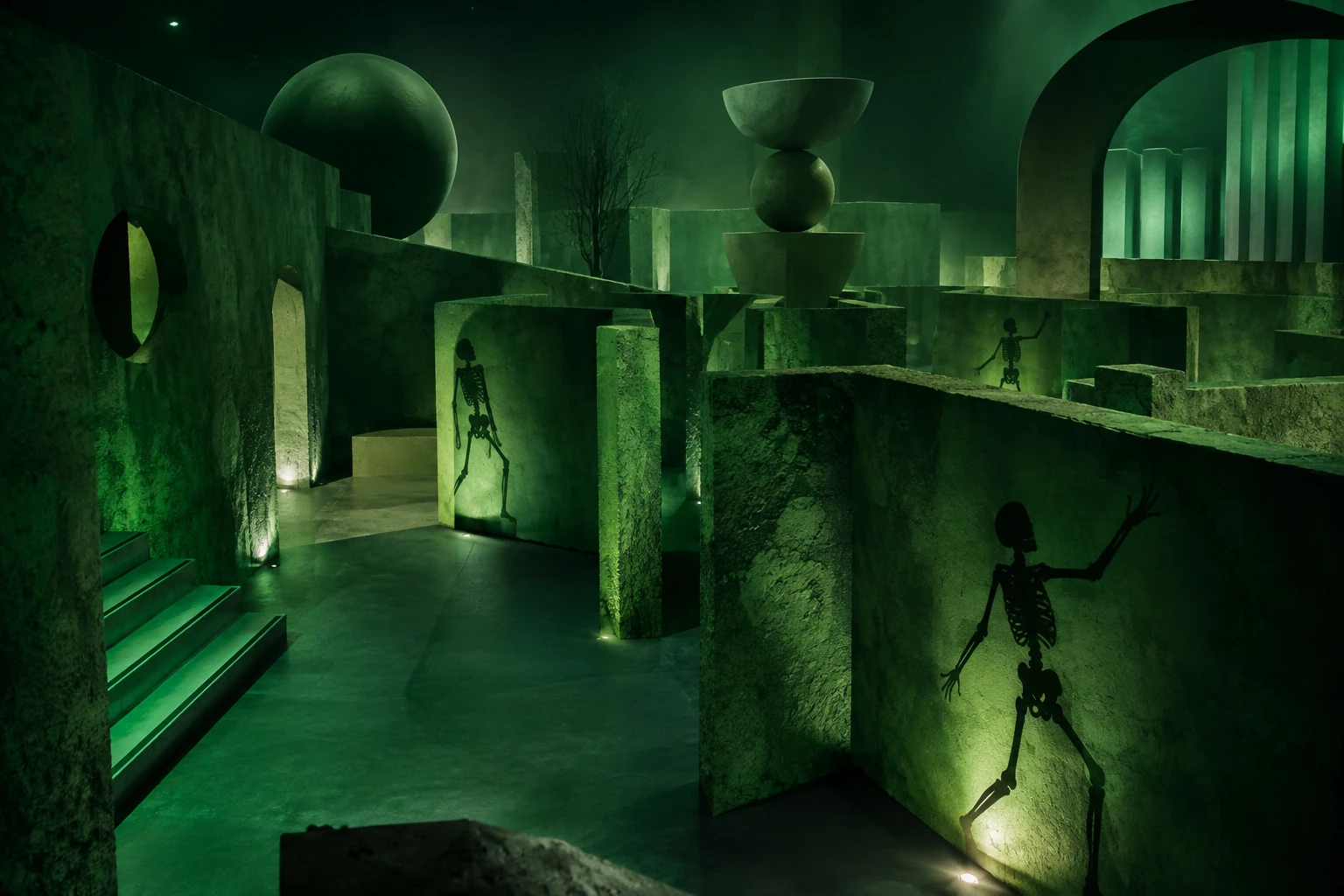 AI image for illustration: fictional theatrical installation; not the actual exhibition.