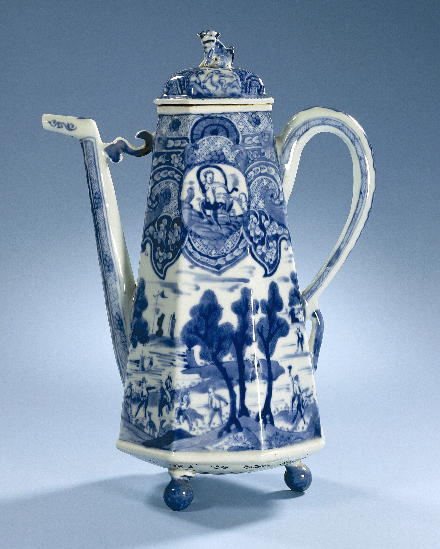 Octagonal coffee pot with hunting and mythological scenes, Rijksmuseum.