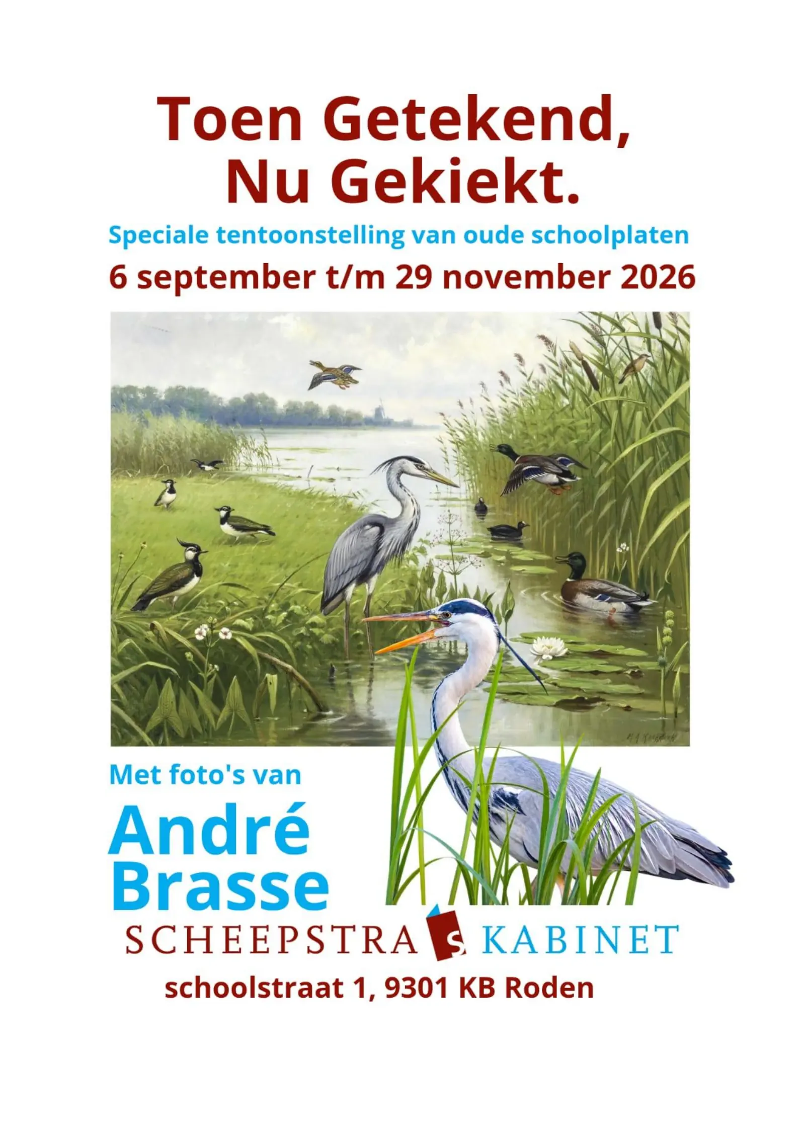 Poster van de tentoonstelling Toen Getekend, Nu Gekiekt: een oude schoolplaat met reigers, kieviten en eenden aan de waterkant, met daaronder een foto van een blauwe reiger van André Brasse.
