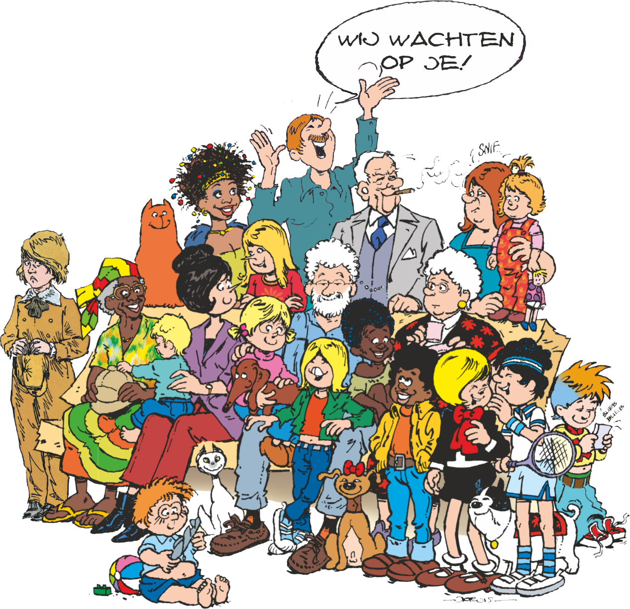 Drawn Jan Kruis characters with a Dutch speech bubble reading ‘Wij wachten op je!’