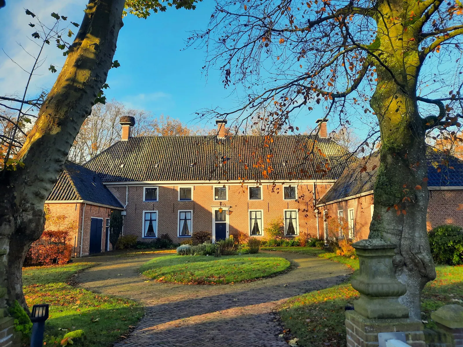 Havezate Mensinge en automne, vue entre deux grands arbres.
