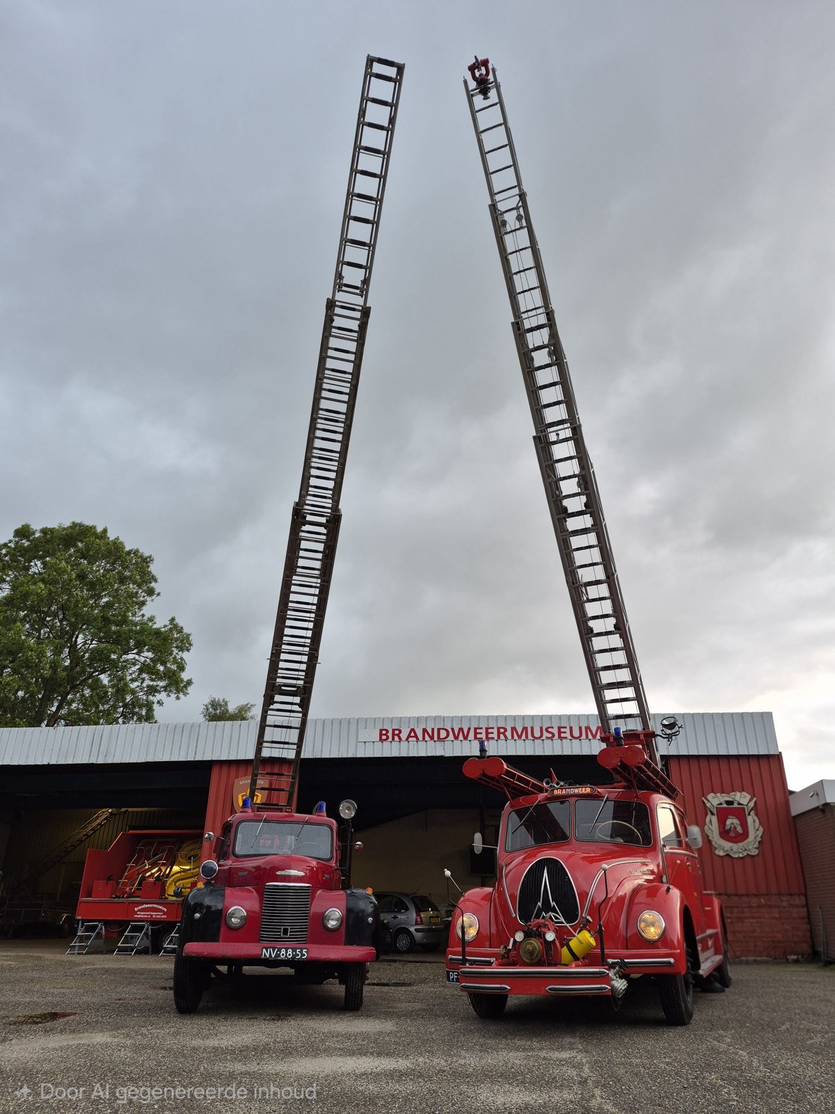 Deux camions de pompiers aux échelles déployées devant le hall du musée portant l’inscription Brandweermuseum.
