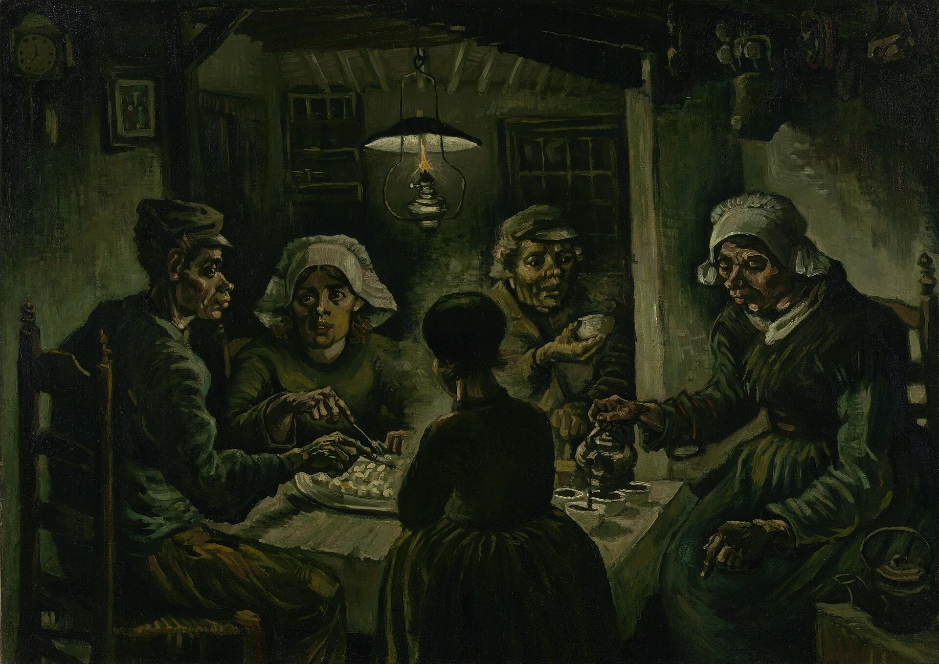 Vincent van Goghs Die Kartoffelesser: Fünf Menschen essen Kartoffeln an einem Tisch unter einer Öllampe in einem dunklen Raum.