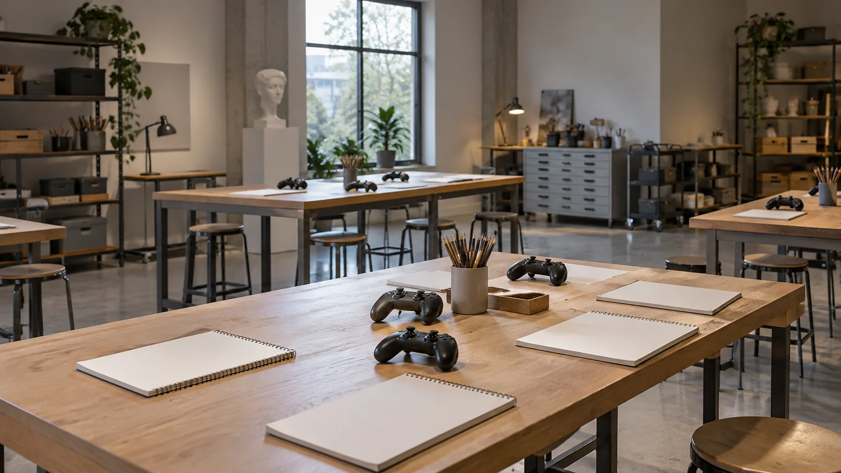 An imagined workshop room with sketchbooks and game controllers, without images from actual games or artworks.