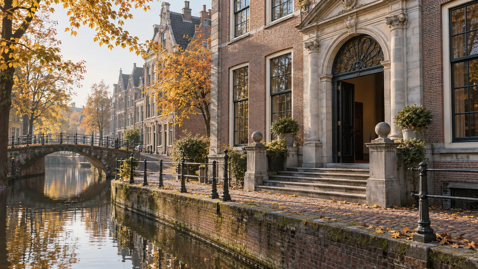 An imagined museum entrance beside a canal in a Dutch city; this is not Centraal Museum.