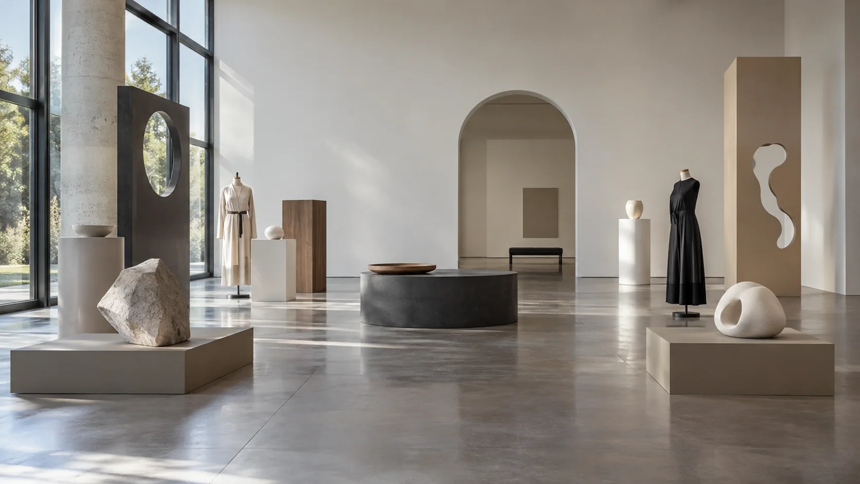 An imagined gallery with fictional art and fashion objects, not from the Centraal Museum collection.