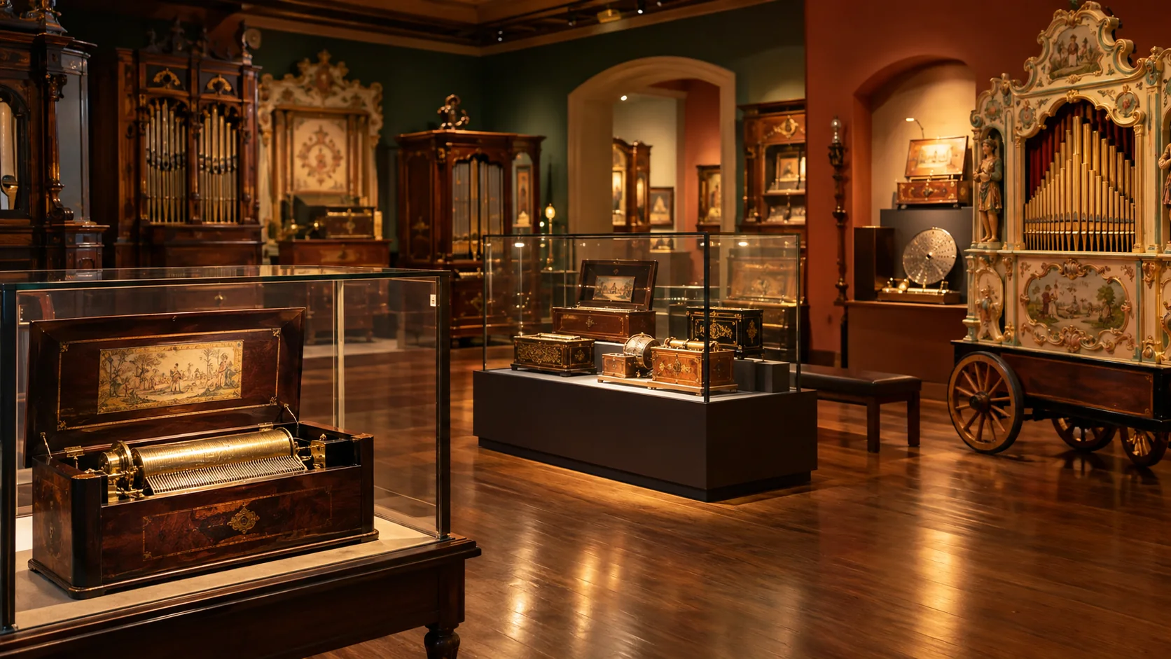 An imagined museum gallery with mechanical musical instruments; this is not Museum Speelklok.