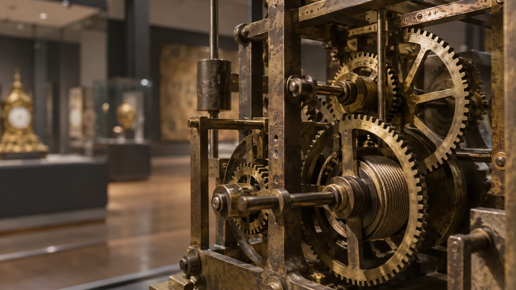 AI image for illustration: An clockwork mechanism in a museum gallery.