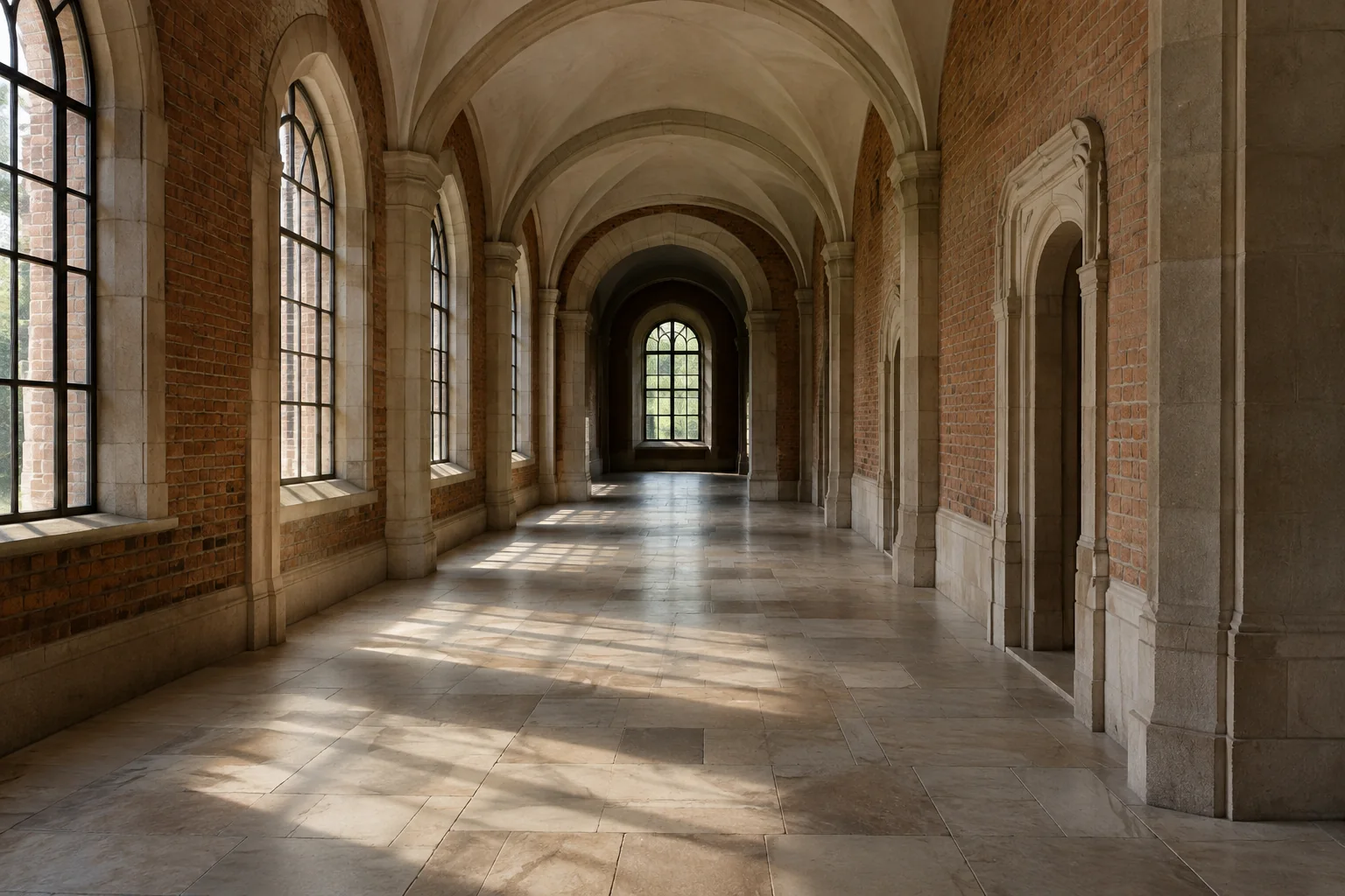 Een denkbeeldige lege historische gang zonder echte museumobjecten.