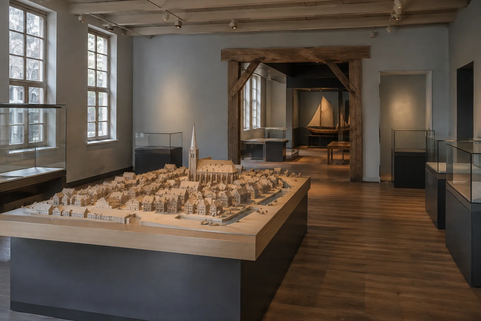 Een fictieve museumzaal met stadsmaquette; geen echte objecten uit Amorfortia.