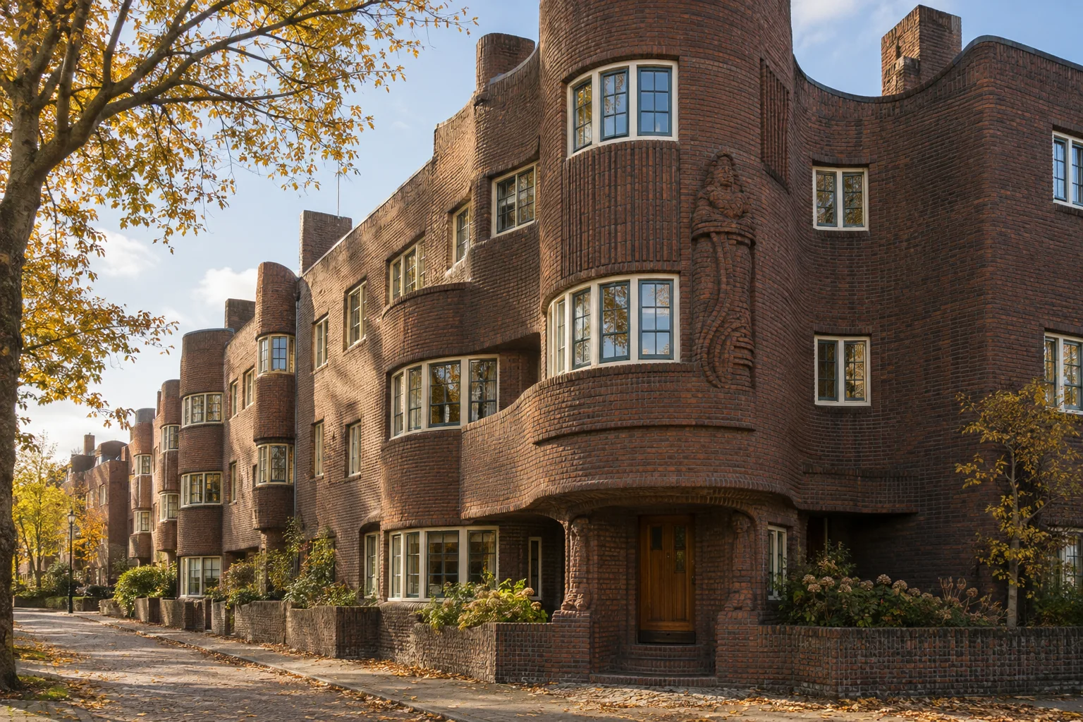 A fictional Amsterdam School-style housing block, not a photograph of Het Schip.