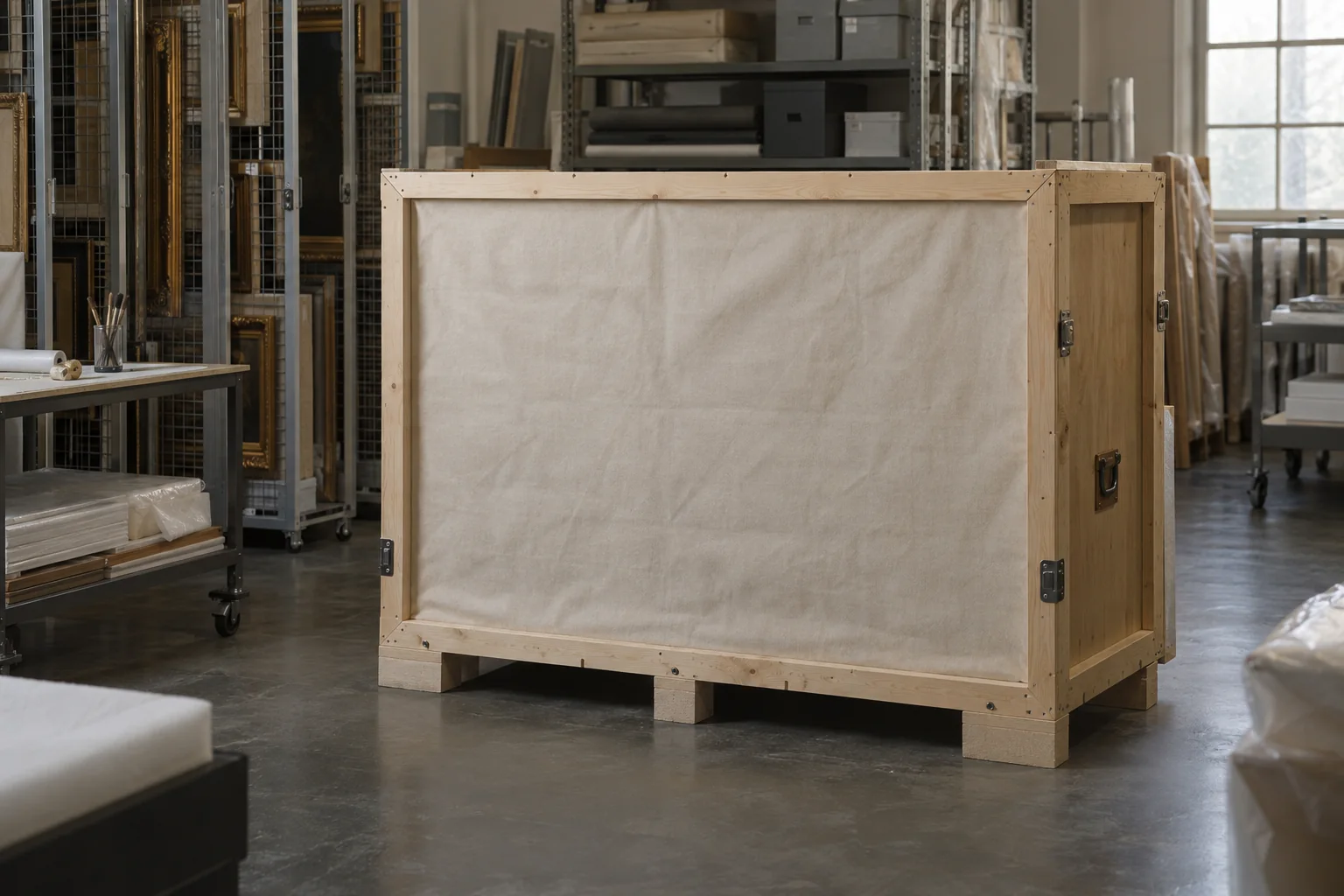 A fictional transport crate for a loaned painting, not a real museum photograph.