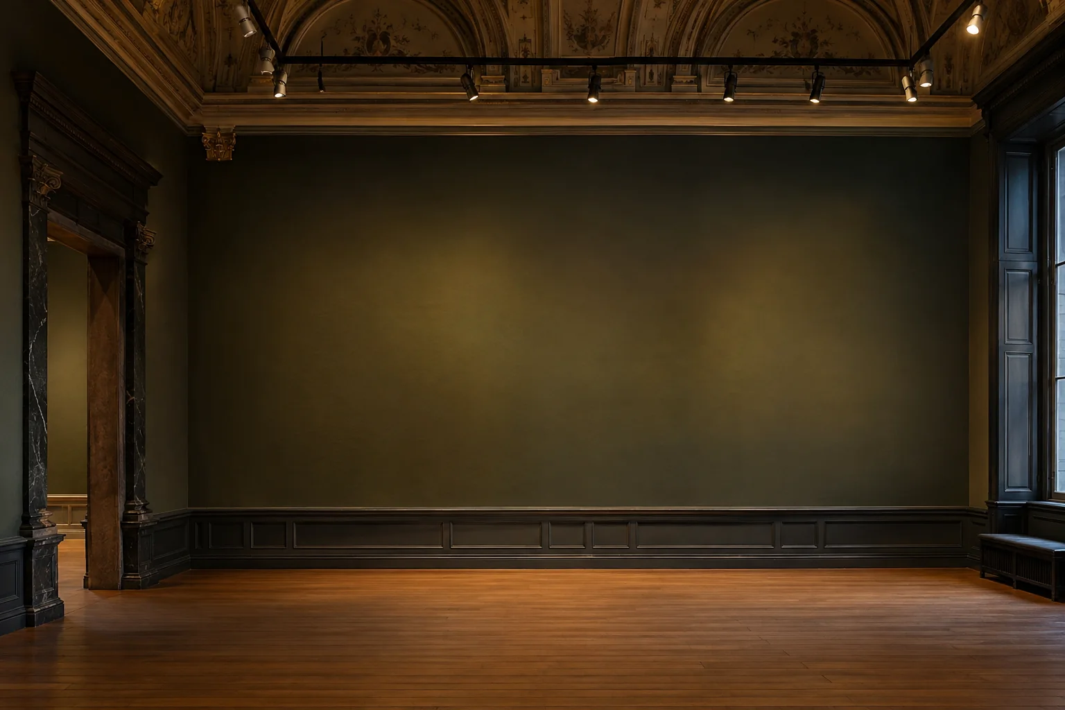 A fictional empty art museum gallery; this does not depict the Mauritshuis.