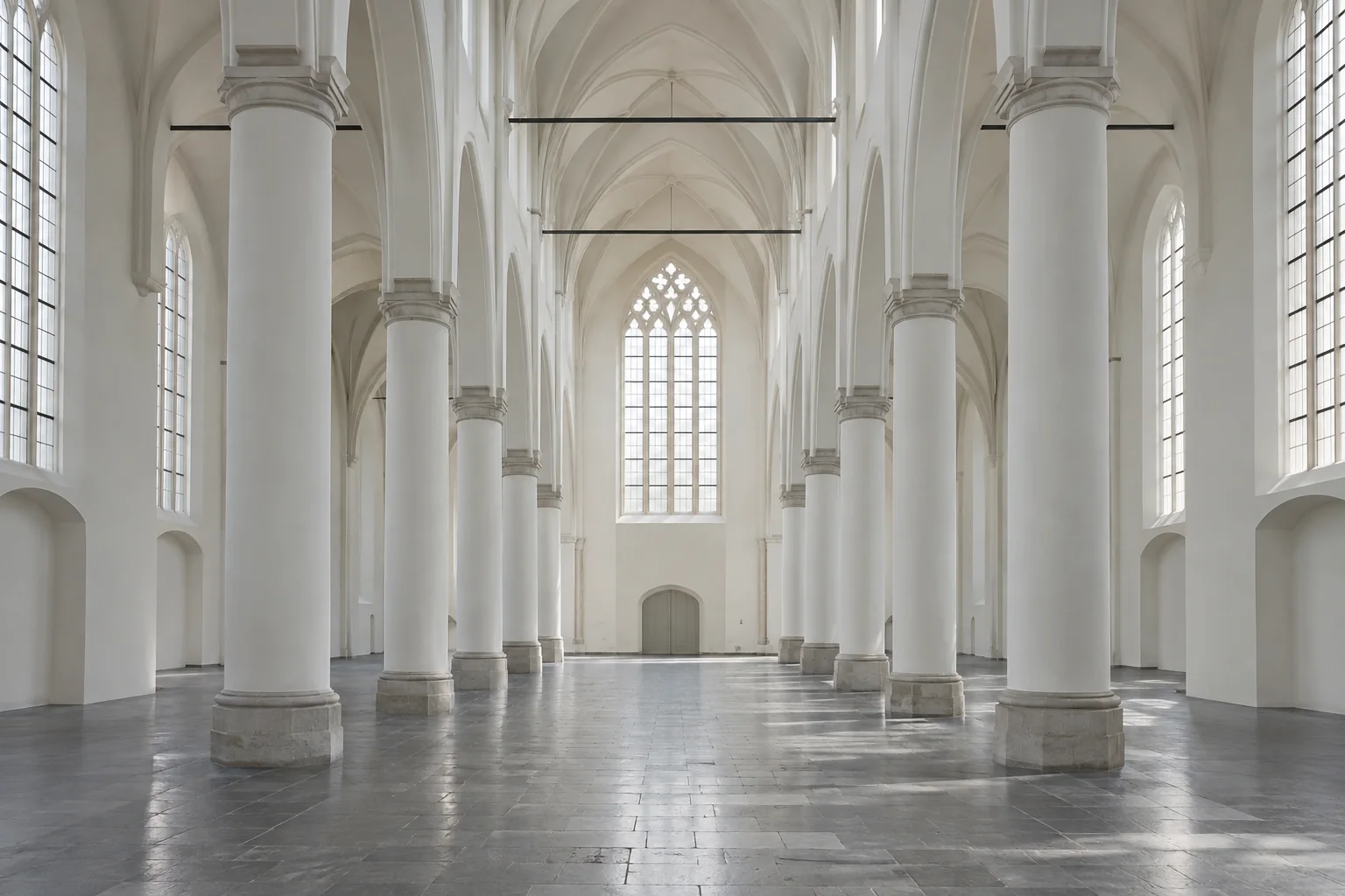 A fictional empty church interior; it does not depict a building painted by Saenredam.