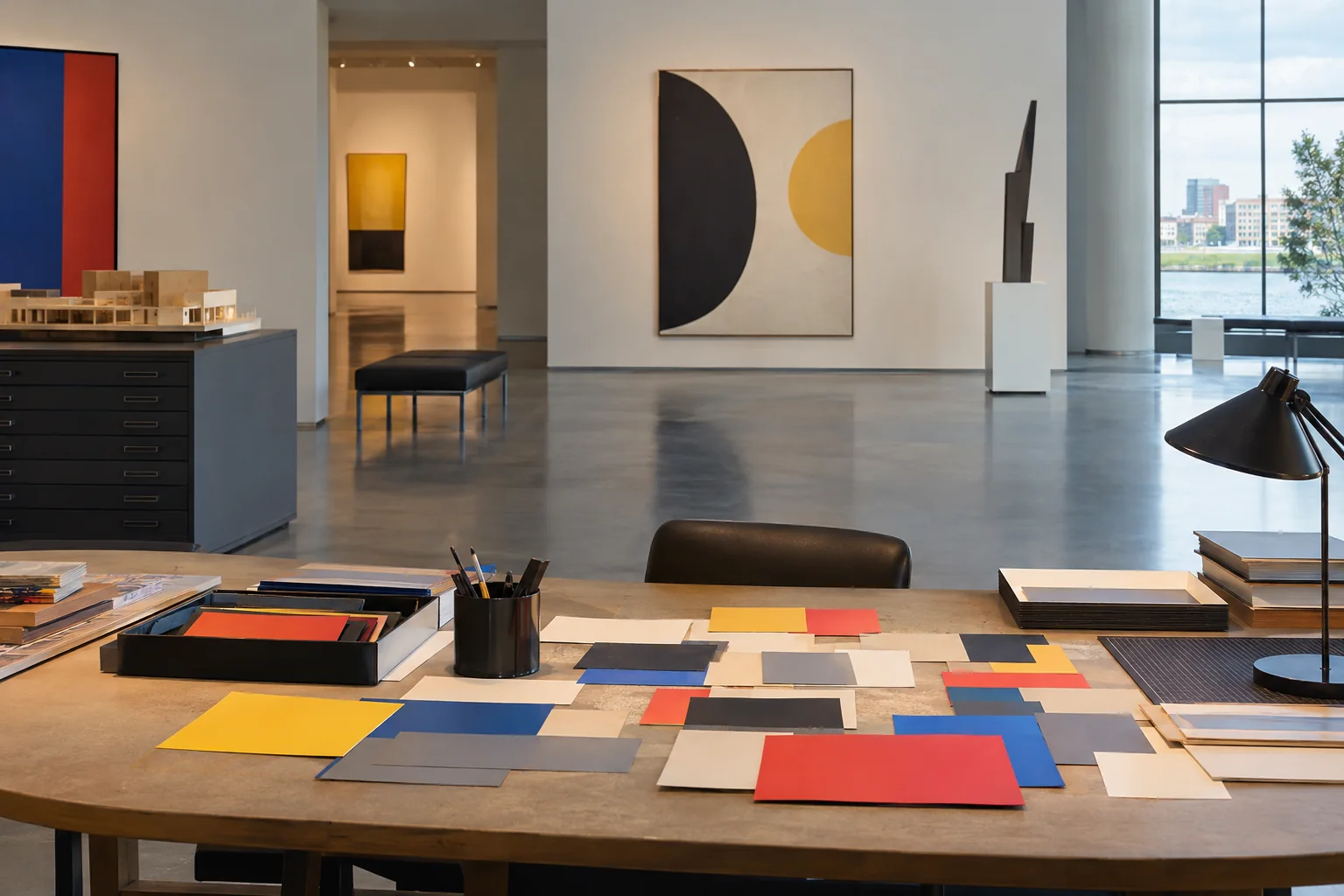 A fictional art-research workbench; no actual Mondrian painting is shown.