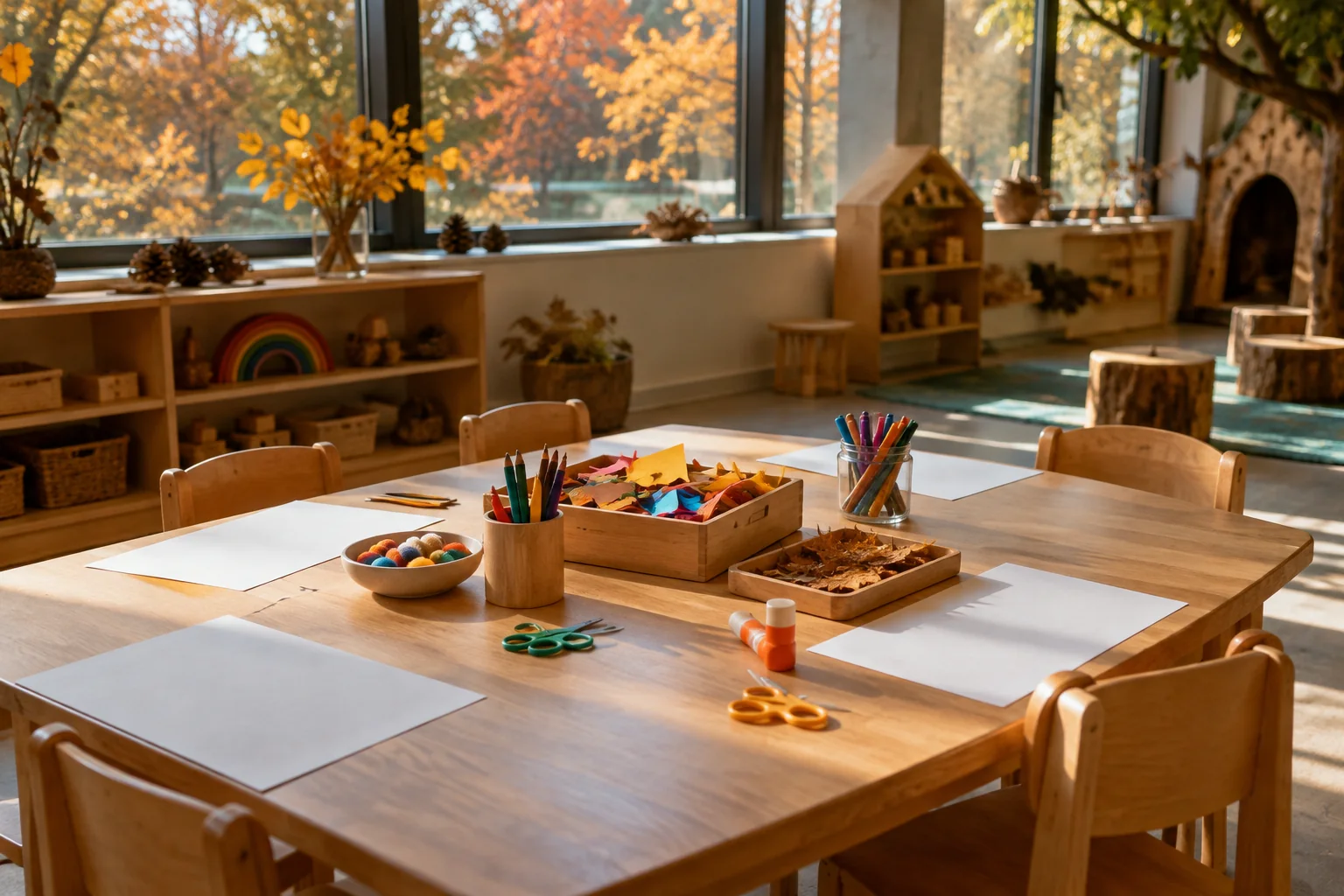 A generic empty craft table for children’s activities; no actual programme is depicted.