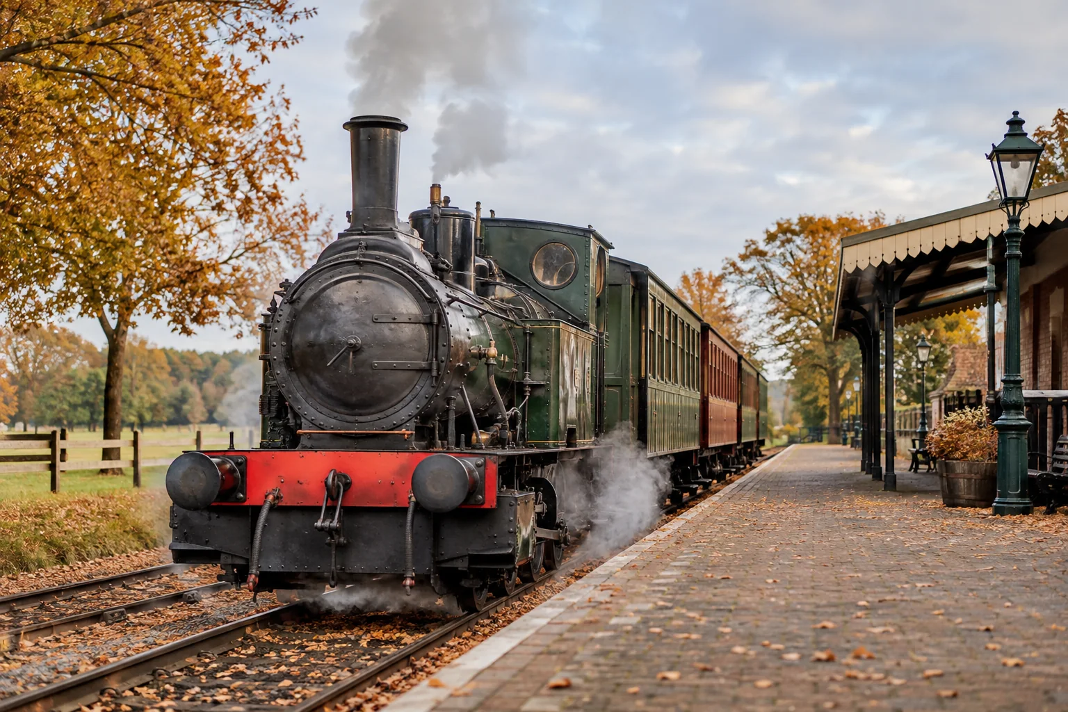 Ein erdachter Dampfzug auf einer niederländischen Museumsstrecke; keine echte Lokomotive ist abgebildet.