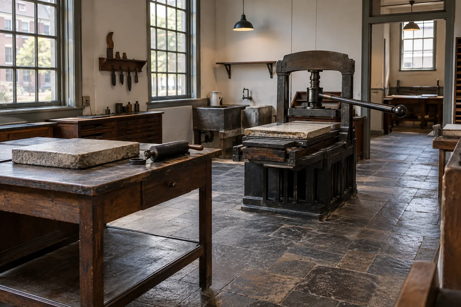 Eine fiktive kleine Lithografiewerkstatt; sie zeigt nicht das Nederlands Steendrukmuseum.