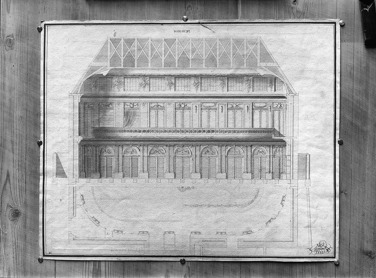 Historic architectural drawing showing a section and oval floor plan of the museum room.