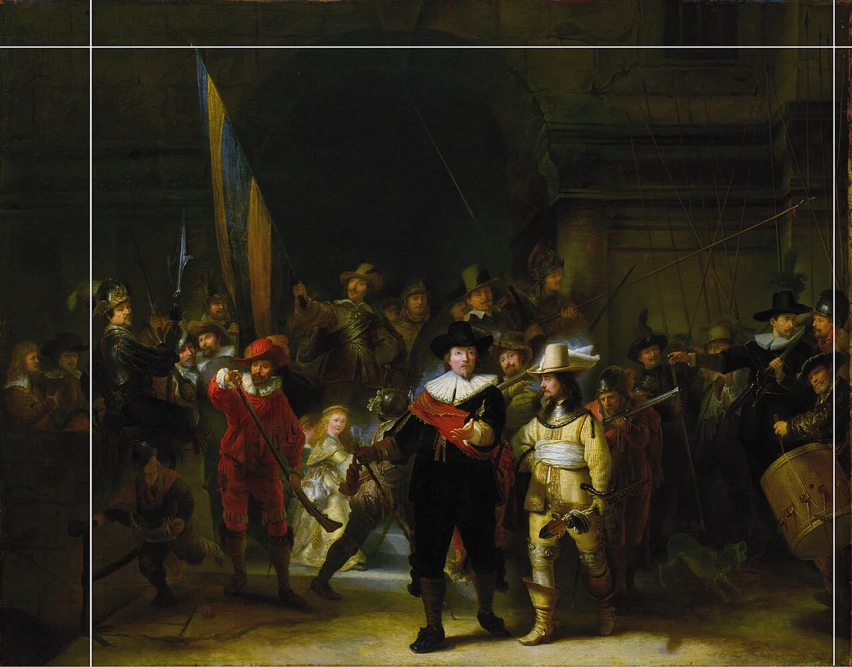 Historical copy of The Night Watch, with guide lines showing the later trimmed format.